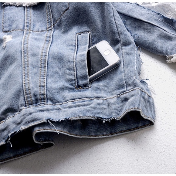 Womens Denim Lace Inset Raw Edge Boho Beautiful Jacket sz medium - Picture 7 of 9